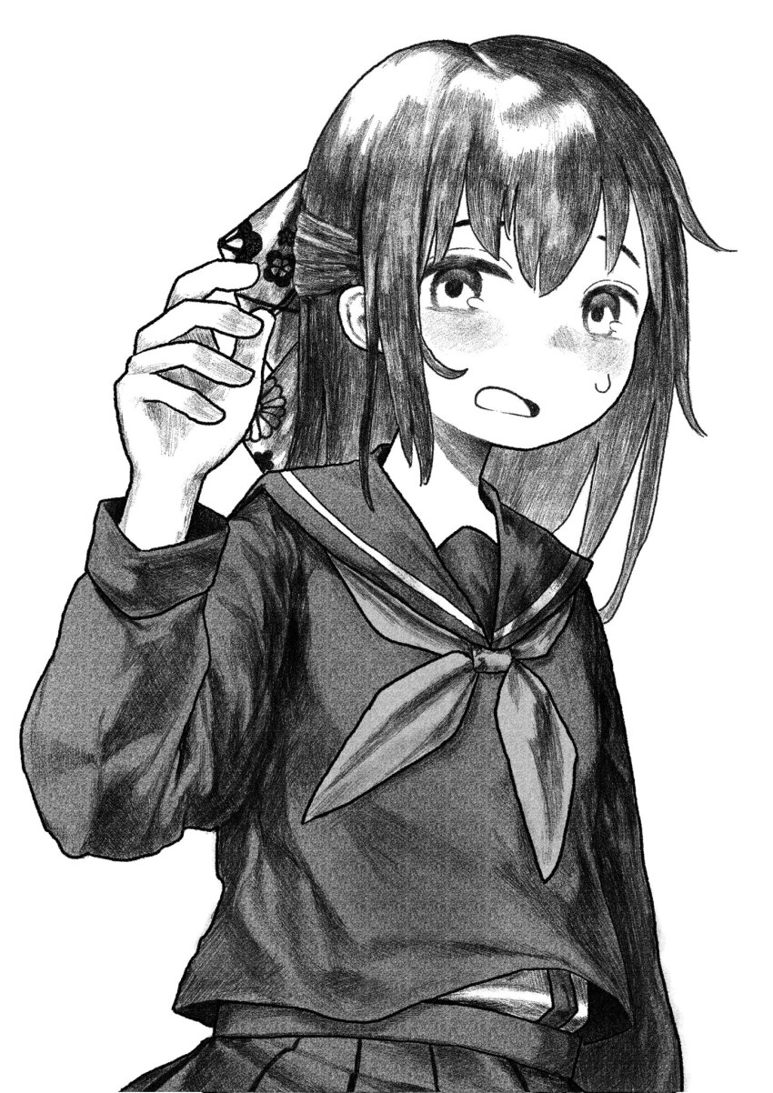 1girl, blush, frown, greyscale, hair_ribbon, half_updo, hand_up, highres