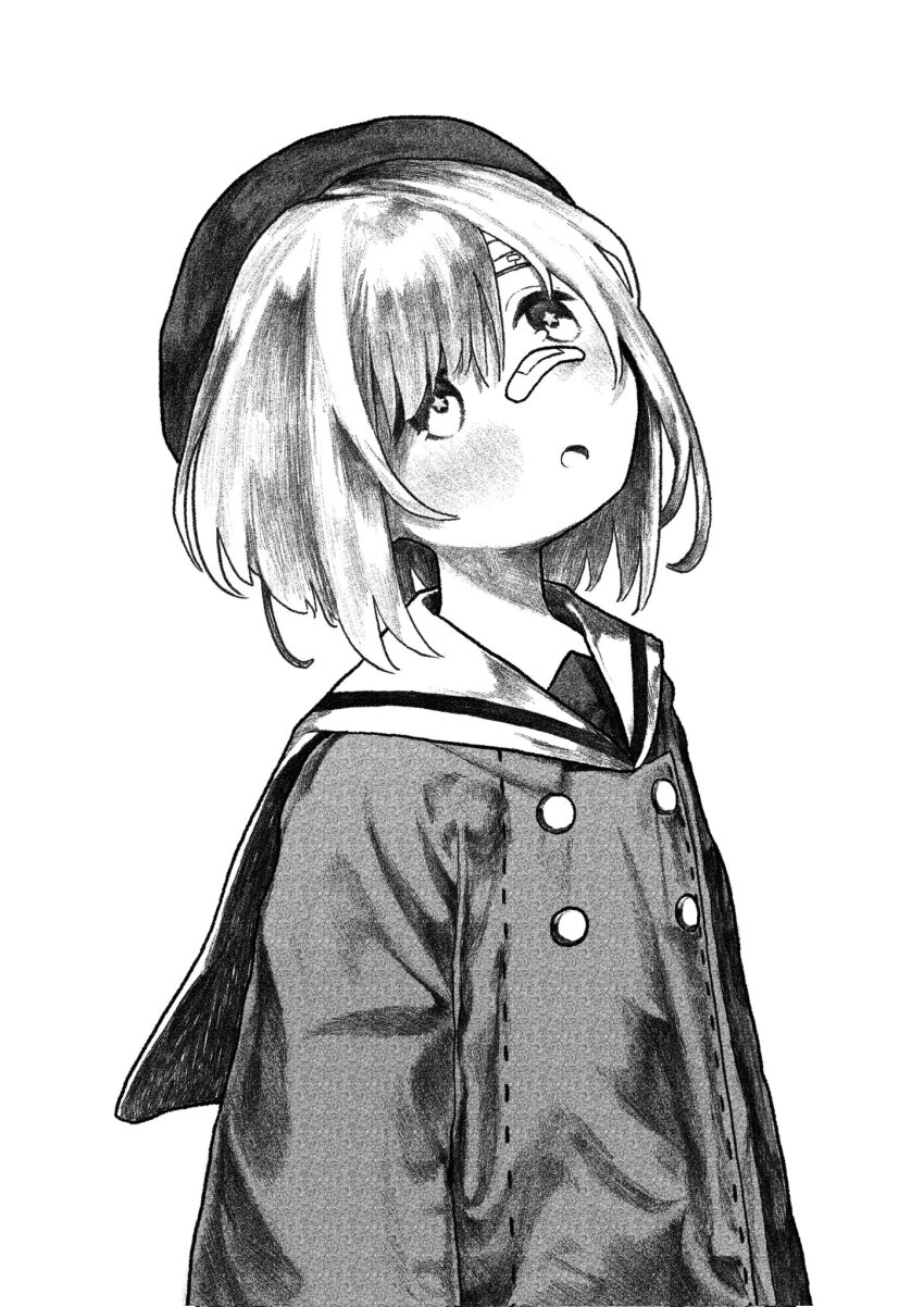 1girl, :o, arms_at_sides, bandaged_head, bandages, bandaid, bandaid_on_face, bandaid_on_nose, beret, blush, buttons, double-breasted, greyscale, hat, hidaka_kotori, highres, kilsturgeon, long_sleeves, looking_up, monochrome, open_mouth, sailor_collar, school_uniform, short_hair, shoujo_jiten, simple_background, solo, standing, star-shaped_pupils, star_(symbol), symbol-shaped_pupils, upper_body