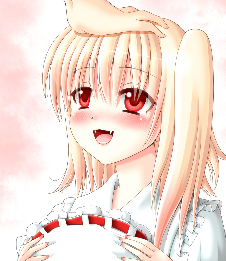 1girl, blonde_hair, blush, dotera, fangs, female_focus, flandre_scarlet, hanazome_dotera, hat, head_pat, headpat, holding, holding_unworn_hat, looking_up, red_eyes, side_ponytail, solo_focus, touhou, unworn_hat, unworn_headwear