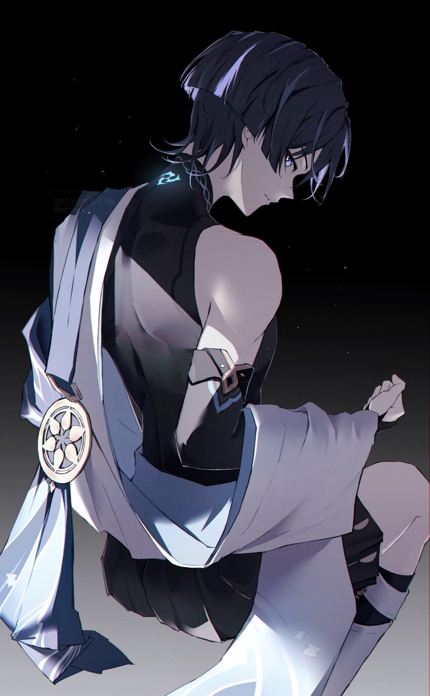1boy, absurdres, back, birthmark, black_background, black_bodysuit, black_hair, black_shorts, black_socks, blue_cape, blunt_ends, bodysuit, bridal_gauntlets, cape, from_behind, genshin_impact, glowing, glowing_tattoo, gradient_background, grey_background, hakama, hakama_shorts, highres, japanese_clothes, kottone_8, long_sleeves, looking_back, male_focus, parted_bangs, purple_eyes, scaramouche_(genshin_impact), shorts, single_off_shoulder, sitting, socks, solo, tattoo, wanderer_(genshin_impact), white_background, wide_sleeves