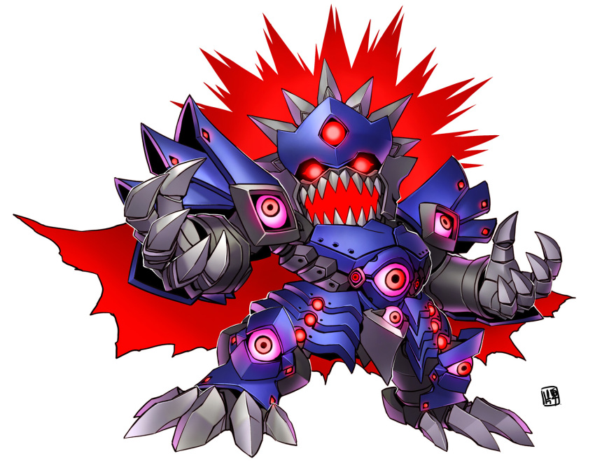 apotheosized_valefor(srw), armor, blue_armor, extra_eyes, fangs, fighting_stance, fingernails, highres, long_hair, looking_at_viewer, mecha, nakano_haito, no_humans, red_eyes, red_hair, robot, sharp_fingernails, sharp_teeth, sharp_toenails, solo, standing, super_robot, super_robot_wars, super_robot_wars_compact_3, super_robot_wars_original_generation, super_robot_wars_original_generation_gaiden, teeth, toenails, valefor_(srw), very_long_hair