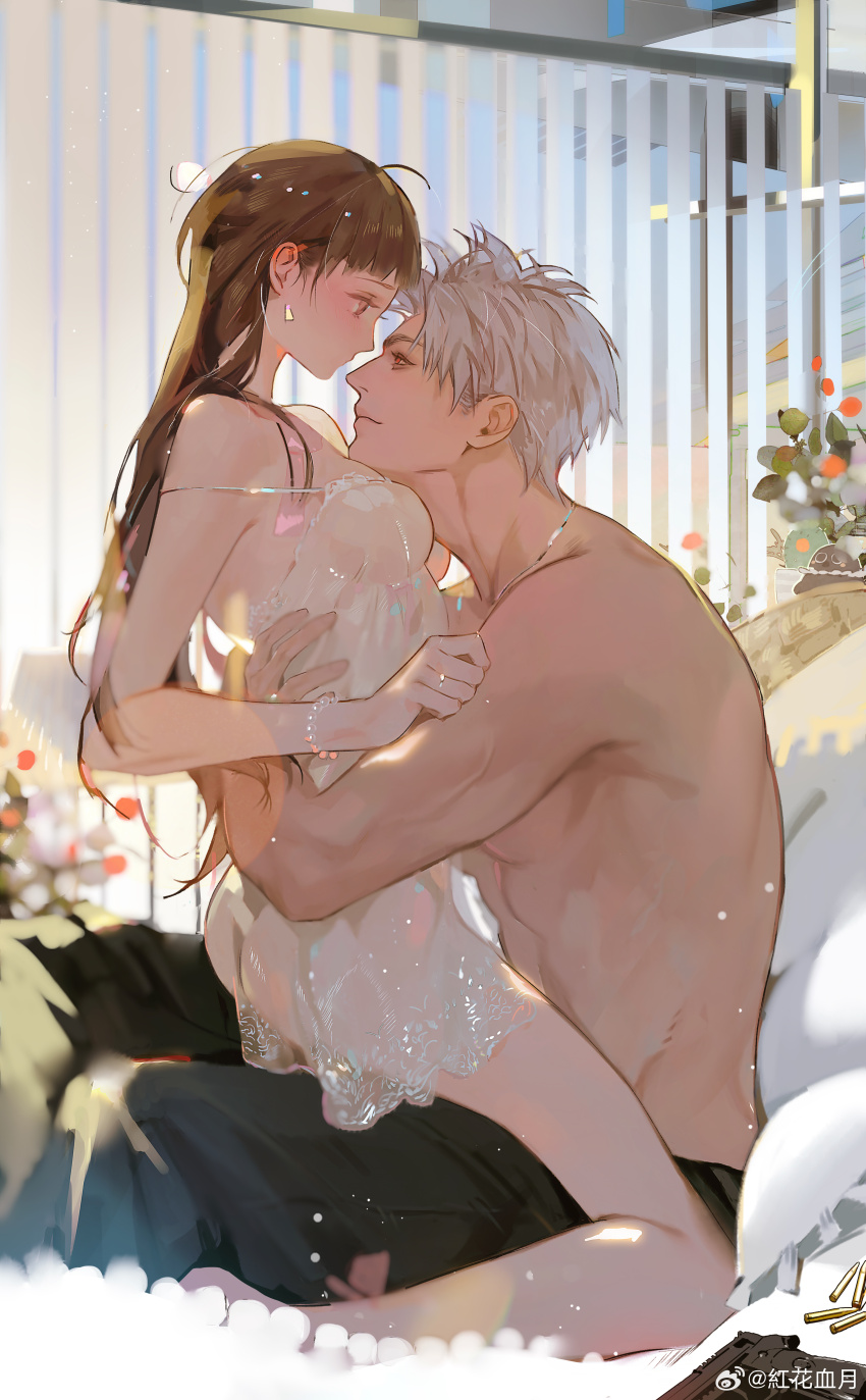 1boy, 1girl, abs, absurdres, adam's_apple, ahoge, albino, bare_arms, bare_shoulders, bead_bracelet, beads, bed, black_pants, bloodybeni, blunt_bangs, blurry, blush, bracelet, breasts, brown_eyes, brown_hair, bullet, closed_mouth, couple, day, dress, eyelashes, gem, gun, hand_on_another's_arm, hand_on_another's_back, highres, indoors, jewelry, lips, long_hair, looking_at_another, love_and_deepspace, medium_breasts, necklace, nightgown, on_bed, pants, pearl_(gemstone), pearl_bracelet, pillow, protagonist_(love_and_deepspace), red_eyes, ring, short_hair, sitting, sitting_on_lap, sitting_on_person, smile, spaghetti_strap, stuffed_animal, stuffed_toy, sunlight, sylus_(love_and_deepspace), veins, watermark, weapon, weibo_watermark, white_dress, white_hair