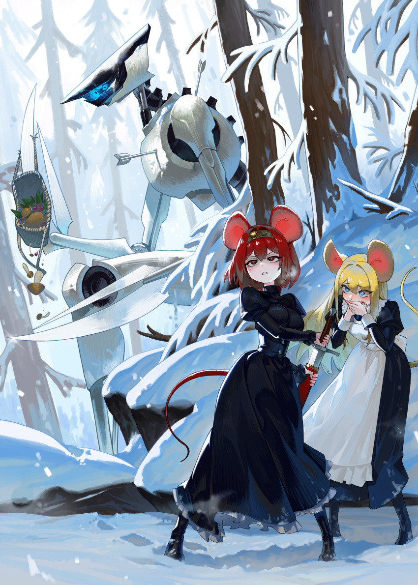 2girls, absurdres, animal_ears, apron, arrow_(projectile), black_dress, black_shoes, blonde_hair, blue_eyes, bright_pupils, commentary, corset, covering_own_mouth, dress, english_commentary, fantasy, forest, frilled_apron, frills, gemi_ningen, hair_intakes, headpiece, highres, holding, holding_sword, holding_weapon, juliet_sleeves, long_dress, long_sleeves, maid, maid_apron, mouse_ears, mouse_girl, mouse_tail, multiple_girls, nature, original, outdoors, petticoat, picnic_basket, puffy_sleeves, ratkin_(rimworld), red_eyes, red_hair, rimworld, robot, science_fiction, scyther_(rimworld), sheath, shoes, snow, sweatdrop, sword, tail, unsheathing, weapon, white_apron, white_pupils