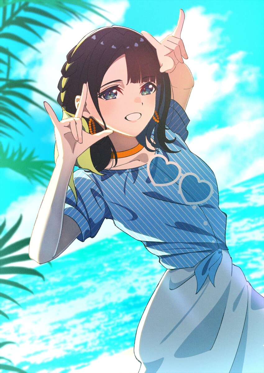 1girl, 26-ji_no_masquerade, :d, \m/, absurdres, arms_up, blue_shirt, blue_skirt