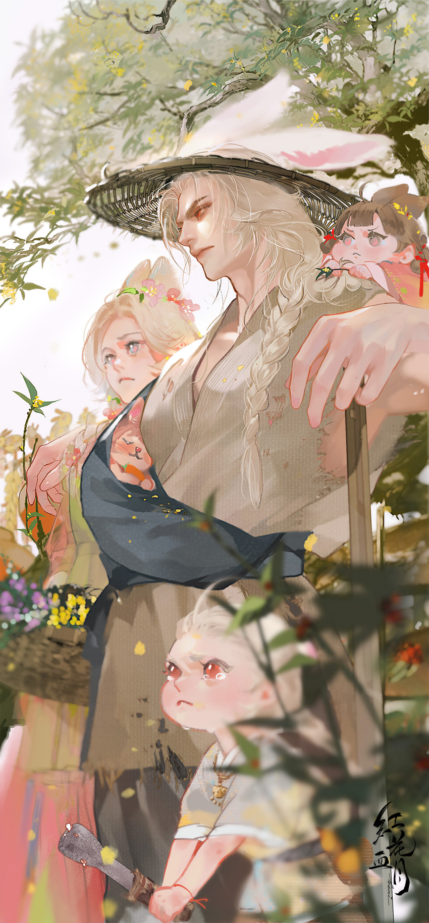 2boys, 2girls, absurdres, animal_ears, basket, bloodybeni, blurry, blurry_background