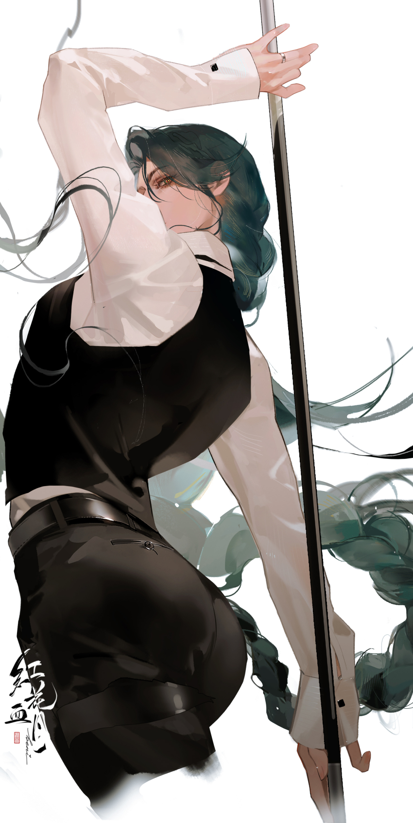 1boy, absurdres, ass, ass_focus, belt, black_belt, black_pants, black_vest