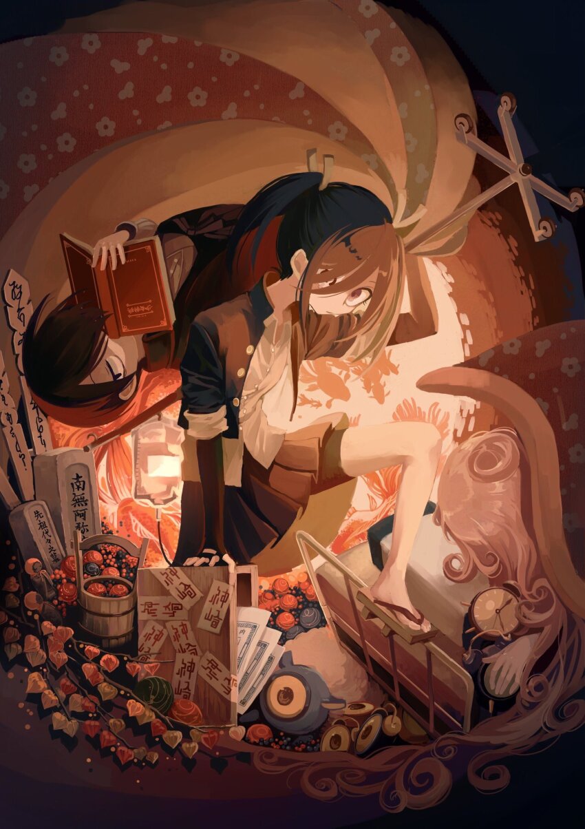 1boy, 2girls, alarm_clock, ball, bed, berry, bike_shorts, bike_shorts_under_skirt