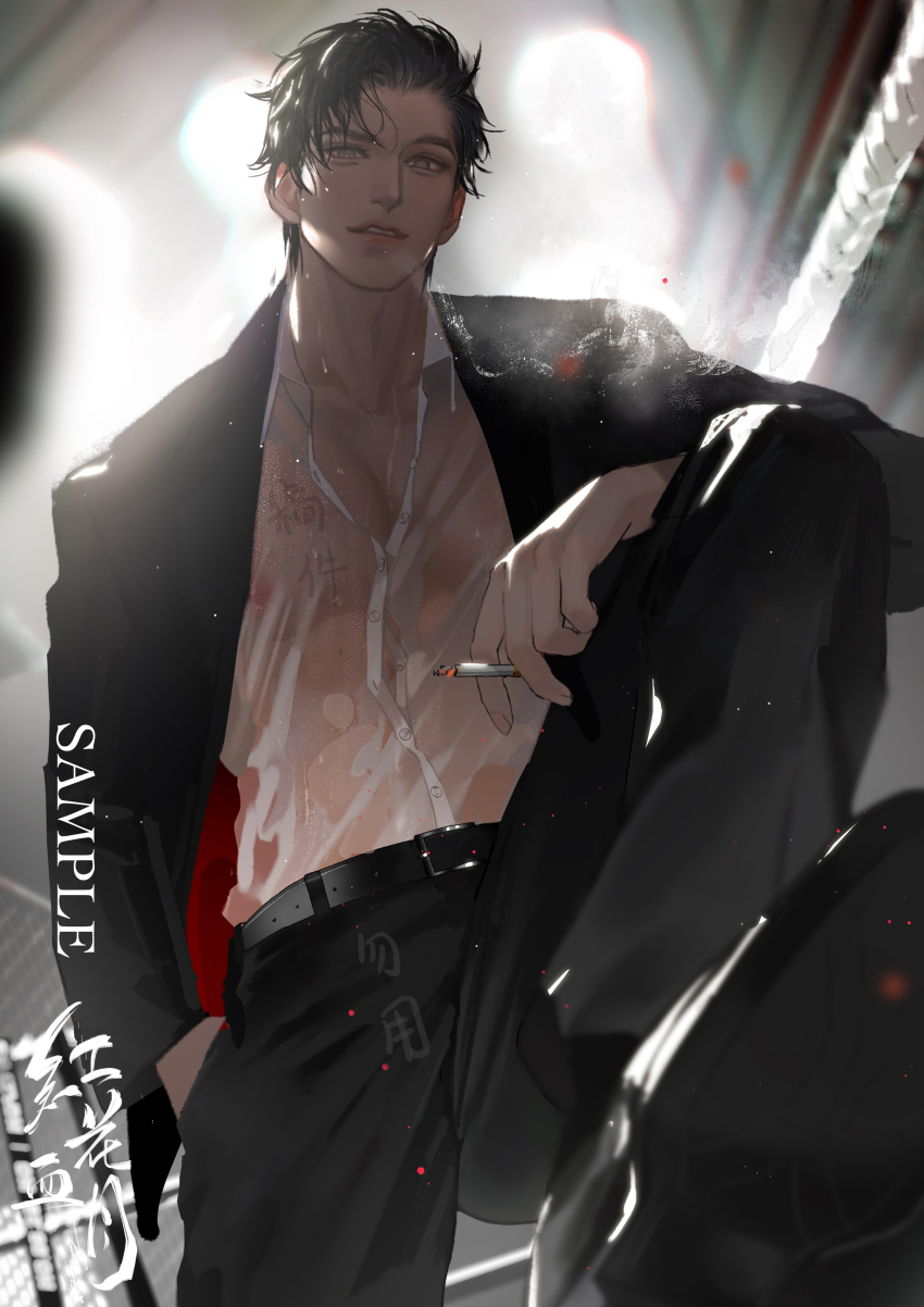 1boy, abs, absurdres, belt, belt_buckle, black_belt, black_footwear, black_hair