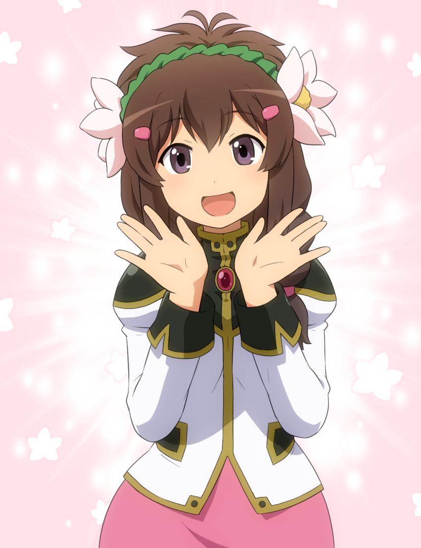 1girl, :d, brown_hair, commentary_request, cosplay, fujimiya_konomi, galaxy_angel, grey_eyes