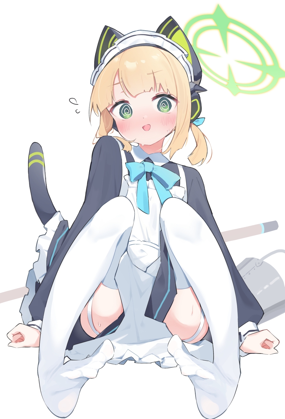 1girl, :d, @_@, animal_ear_headphones, animal_ears, apron, ass, black_dress, blonde_hair, blue_archive, blue_ribbon, blush, bucket, cat_ear_headphones, cat_ears, collared_dress, commentary_request, dress, fake_animal_ears, flying_sweatdrops, frilled_apron, frills, full_body, green_eyes, hair_ribbon, halo, headphones, highres, long_sleeves, looking_at_viewer, maid, maid_apron, maid_headdress, midori_(blue_archive), midori_(maid)_(blue_archive), nervous_smile, no_shoes, open_mouth, puffy_long_sleeves, puffy_sleeves, ribbon, simple_background, smile, solo, suta0822, tail, thighhighs, white_apron, white_background, white_thighhighs