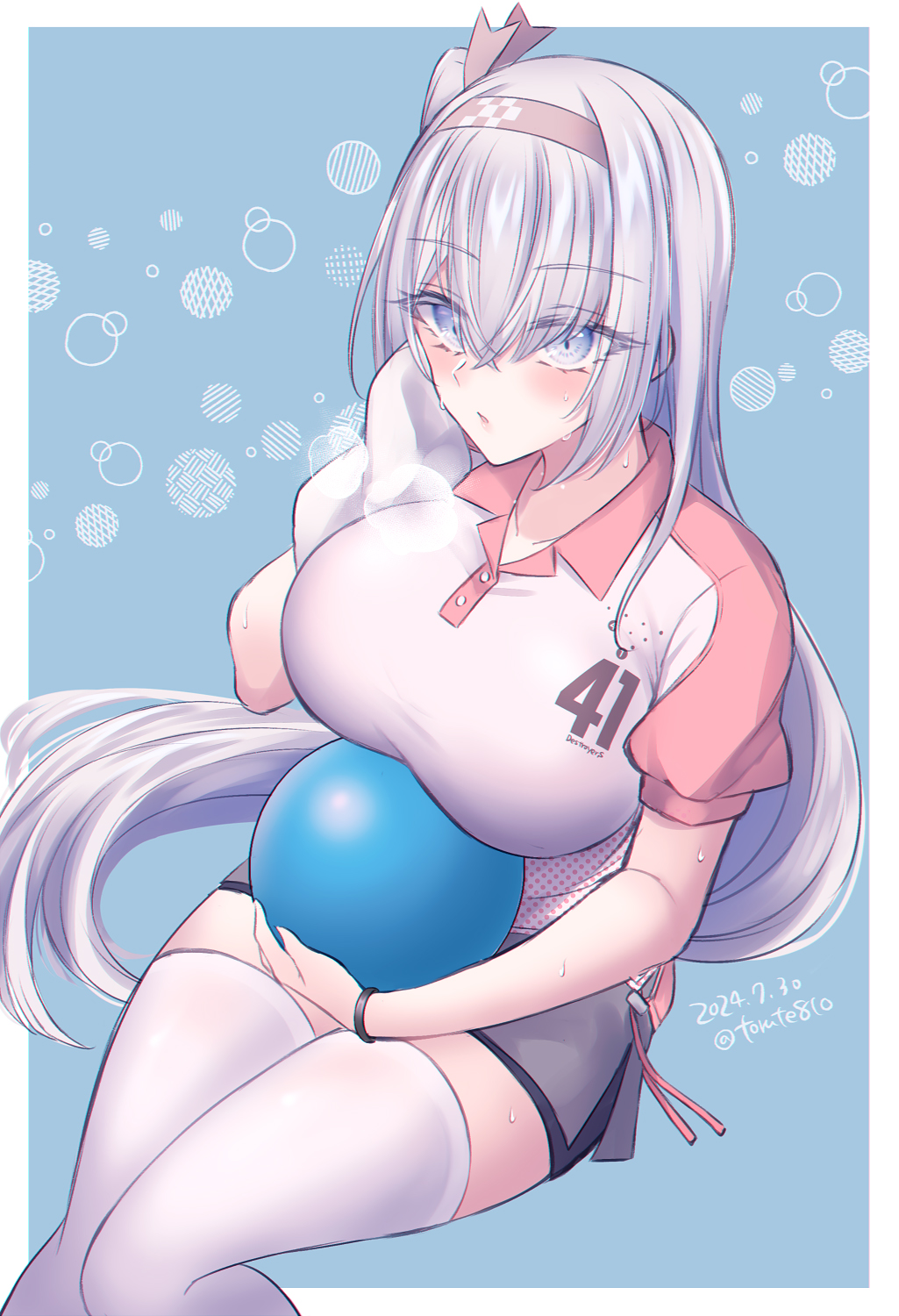 1girl, ball, bowling_ball, breasts, feet_out_of_frame, fuyutsuki_(kancolle), fuyutsuki_(round1)_(kancolle), grey_eyes