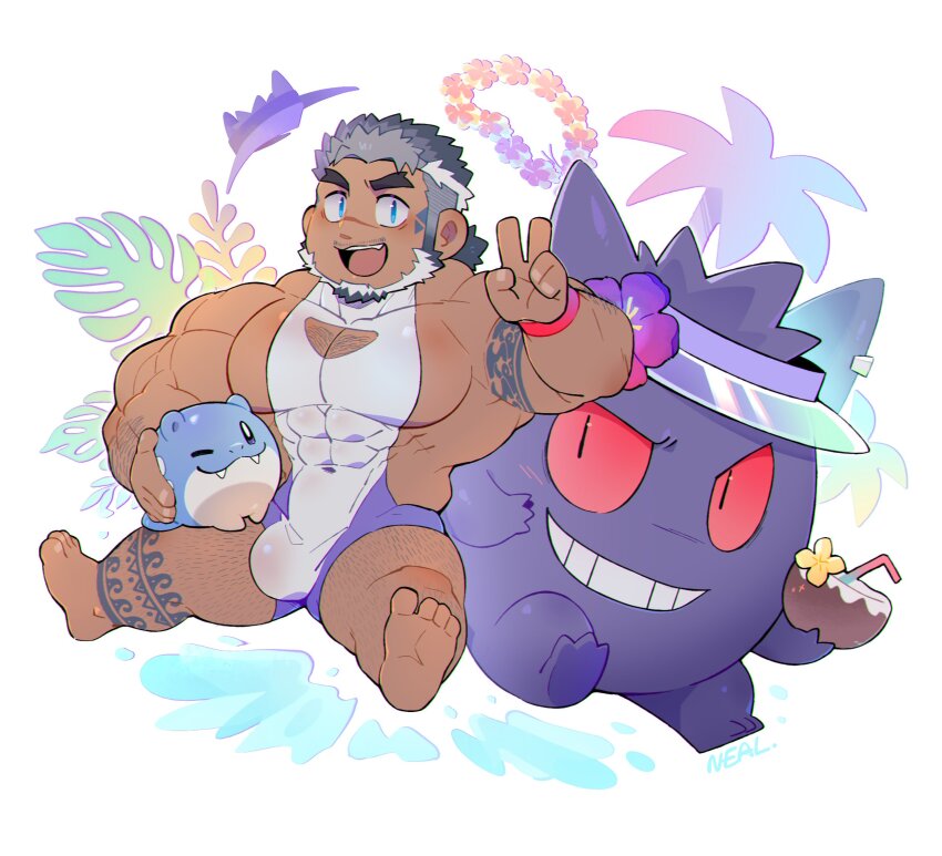 1boy, abs, bara, beard, bodysuit, bulge, cleavage_cutout, clothing_cutout, commentary, crossover, dark-skinned_male, dark_skin, deformed, diving_suit, facial_hair, flower, flower_on_head, flower_wreath, full_beard, full_body, gen_1_pokemon, gen_3_pokemon, gengar, head_wreath, highres, holding, holding_pokemon, indie_virtual_youtuber, kaito_navigator, looking_at_viewer, male_focus, muscular, muscular_male, mustache_stubble, navel, neal56001, nintendo, pectorals, pokemon, pokemon_(creature), sanpaku, scar, scar_on_face, scar_on_nose, sidepec, sparse_chest_hair, spheal, spread_legs, stubble, summer, untranslatable_commentary, tattoo, thick_arm_hair, thick_eyebrows, thick_leg_hair, thighs, two-tone_beard, v, virtual_youtuber, wetsuit