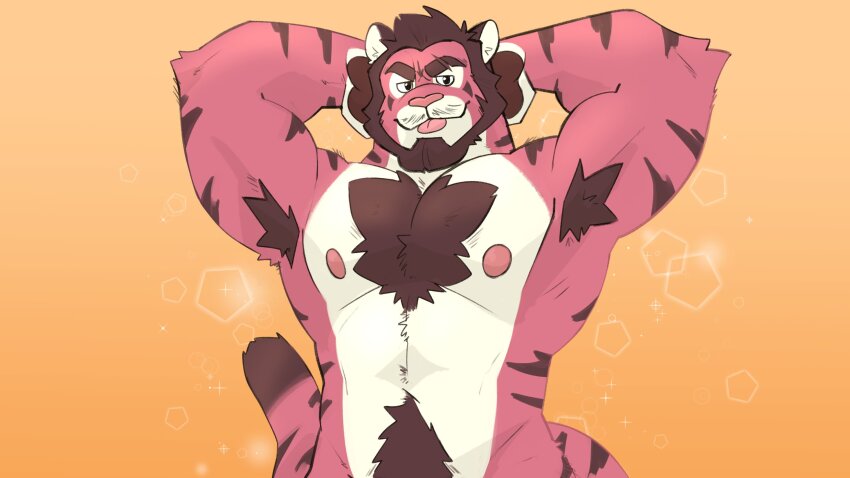 1boy, :p, abs, animal_ears, armpits, arms_behind_head, bara, beard, blurry, bokeh, brown_hair, chest_tuft, completely_nude, cowboy_shot, depth_of_field, facial_hair, full_beard, furry, furry_male, highres, kiba2412, large_pectorals, looking_at_viewer, male_focus, mature_male, muscular, muscular_male, mustache_stubble, navel, navel_hair, nipples, nude, original, out-of-frame_censoring, pectorals, pink_fur, short_hair, solo, stomach, stubble, tail, thick_beard, thick_eyebrows, thick_navel_hair, tiger_boy, tiger_ears, tiger_tail, tongue, tongue_out, v-shaped_eyebrows