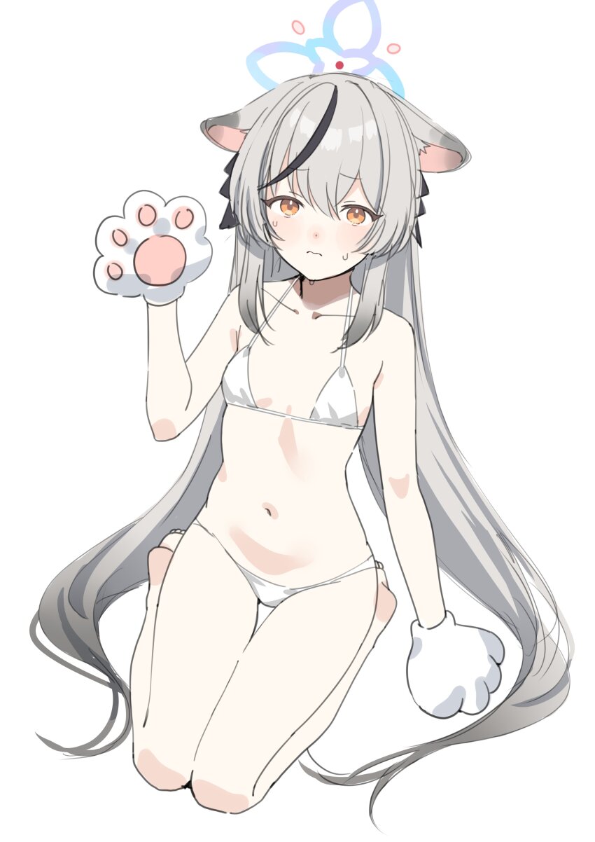 1girl, absurdres, animal_ears, animal_hands, bikini, black_hair, blue_archive, blue_halo