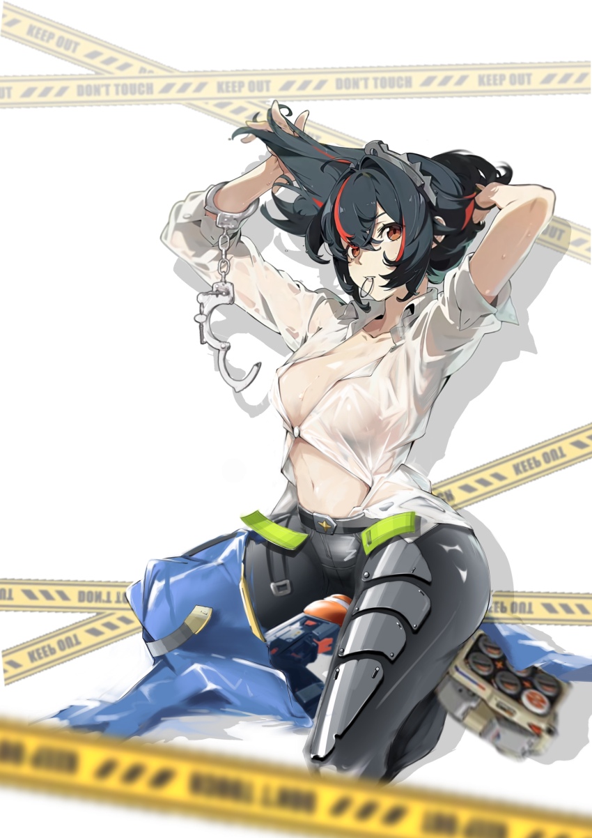 1girl, absurdres, breasts, caution_tape, cleavage, cuffs, derivative_work, gun, hair_tie_in_mouth, handcuffs, handgun, highres, large_breasts, linea_alba, mouth_hold, navel, see-through_clothes, see-through_shirt, shiki4012, shirt, solo, tying_hair, weapon, white_shirt, zenless_zone_zero, zhu_yuan