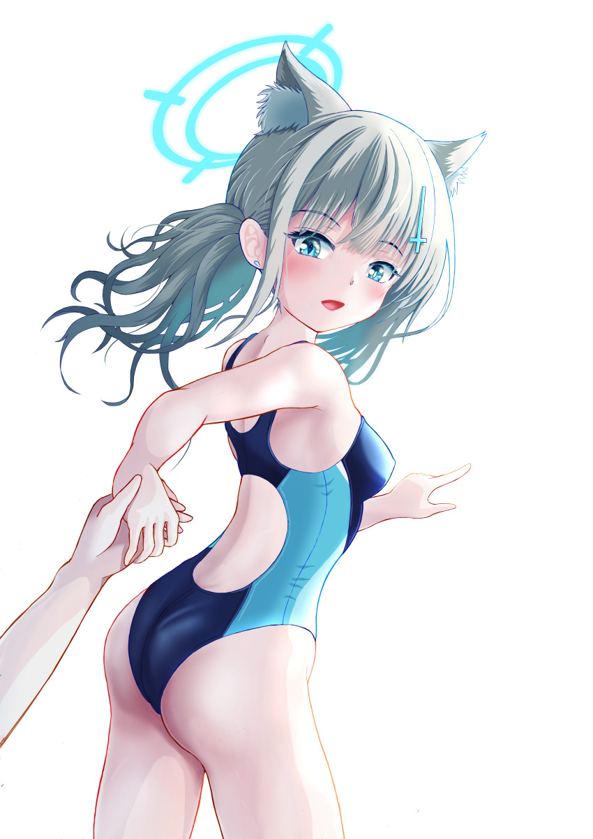 1girl, 1other, absurdres, animal_ear_fluff, animal_ears, ass, black_one-piece_swimsuit, blue_archive