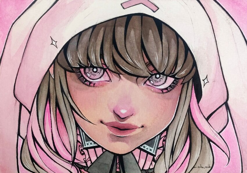 1girl, black_bow, bow, bright_pupils, brown_hair, closed_mouth, commentary, english_commentary