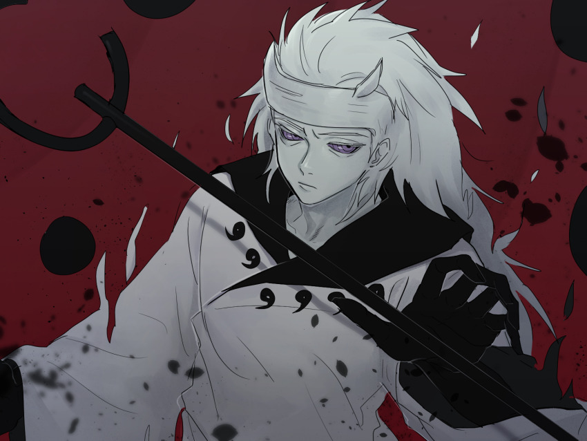1boy, alternate_form, black_gloves, colored_skin, floating, floating_object, gloves, gudoudama_(naruto), highres, horns, long_hair, male_focus, naruto_(classic), naruto_(series), naruto_shippuuden, orb, purple_eyes, qjqjqjql, red_background, ringed_eyes, rinnegan, robe, shakujou, solo, staff, tomoe_(symbol), uchiha_madara, uchiha_madara_(juubi_jinchuriki), upper_body, white_hair, white_horns, white_robe, white_skin