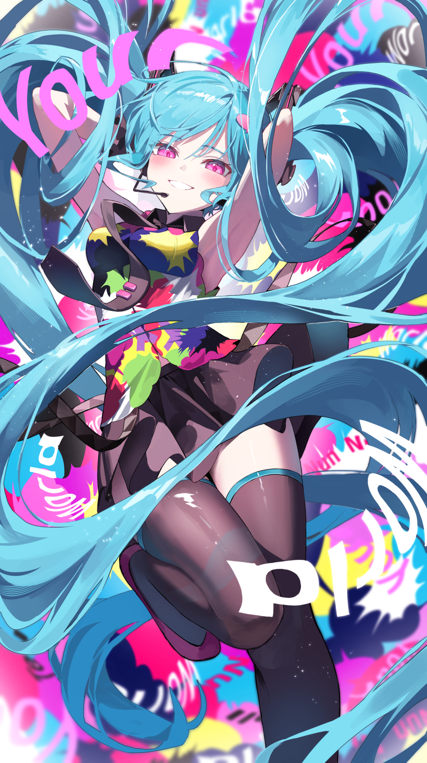 1girl, absurdres, aqua_hair, armpits, arms_up, black_thighhighs, blush, hair_ornament