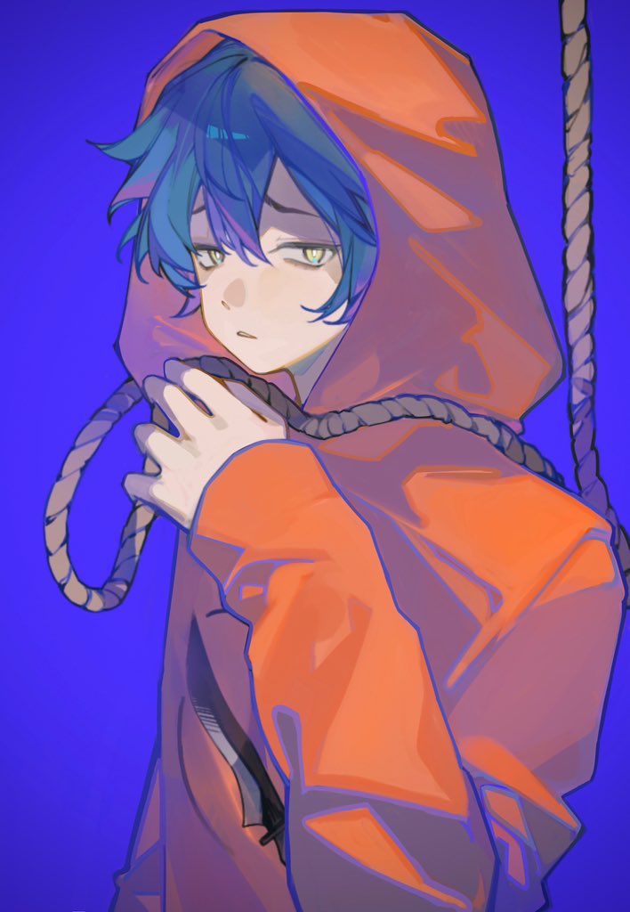 1boy, blue_background, blue_hair, blue_outline, charisma_house, double-parted_bangs, from_side, green_eyes