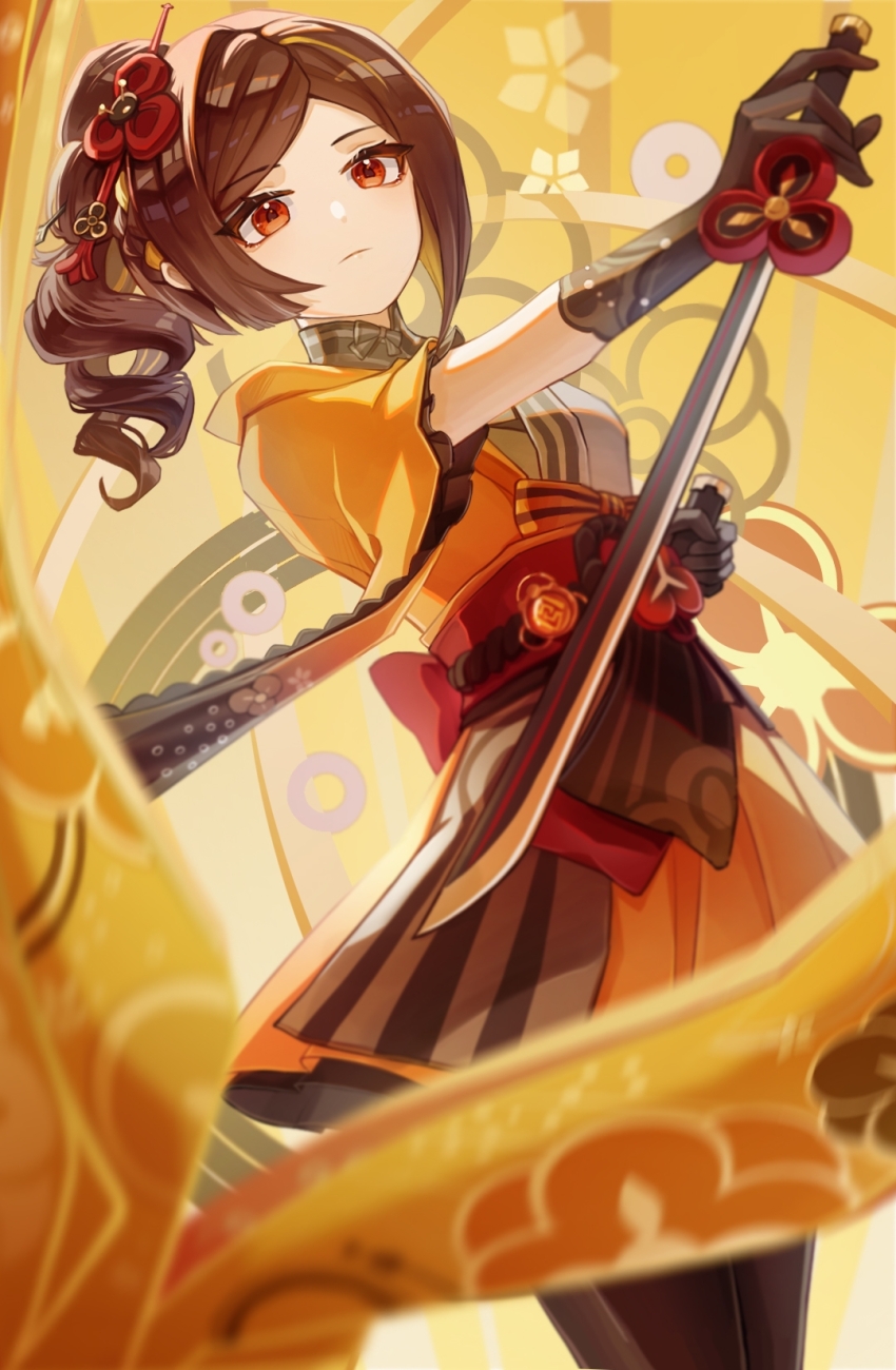 1girl, asymmetrical_sidelocks, black_gloves, black_pantyhose, brown_hair, chiori_(genshin_impact), closed_mouth, commentary_request, cowboy_shot, dress, drill_hair, drill_ponytail, frilled_sleeves, frills, genshin_impact, gloves, grey_kimono, highres, holding, holding_sword, holding_weapon, japanese_clothes, kimono, long_hair, looking_at_viewer, obi, obijime, orange_dress, pantyhose, parted_bangs, qiu_cheng, red_eyes, sash, sidelocks, solo, sword, vision_(genshin_impact), weapon, wide_sleeves