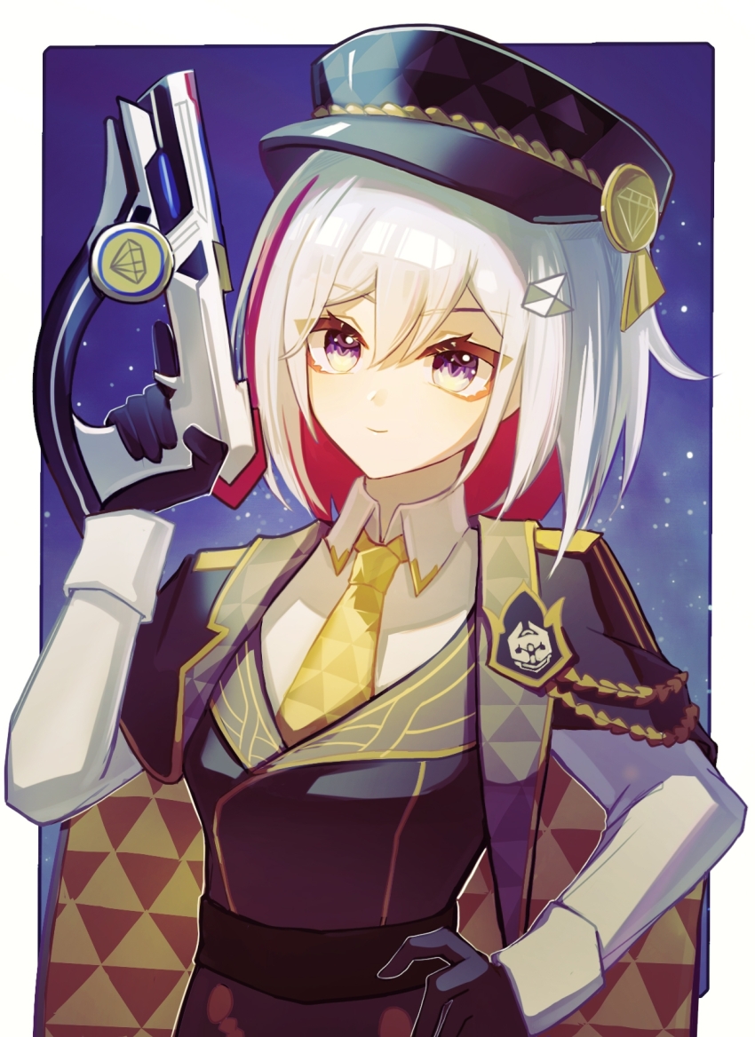 1girl, adapted_costume, black_gloves, black_hat, black_jacket, cape, closed_mouth, collared_shirt