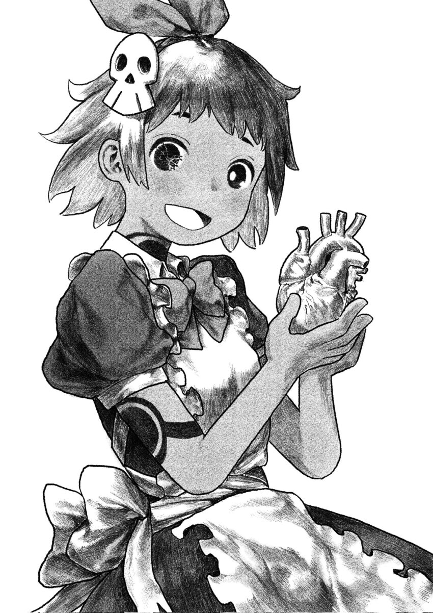 1girl, apron, arm_tattoo, artificial_eye, bow, bowtie, cowboy_shot, dark-skinned_female