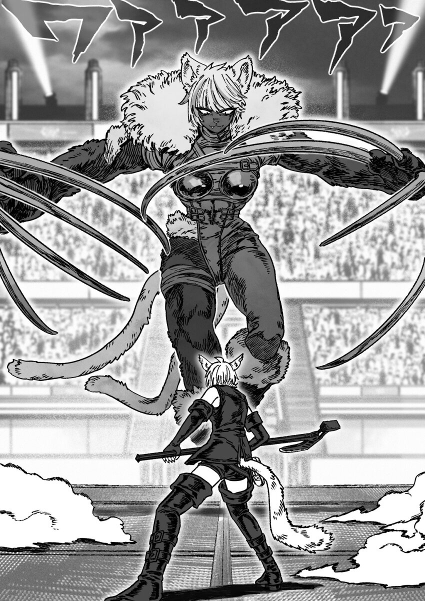 2girls, axe, black_cat_(ff14), cat_girl, clothing_cutout, extra_tails, fangs, final_fantasy, final_fantasy_xiv, floating, fur_collar, furry, furry_female, highres, holding, holding_axe, leg_cutout, long_claws, mare_toe_like_a, miqo'te, multiple_girls, muscular, muscular_female, short_hair, short_shorts, shorts, single_bare_leg, standing, very_long_fingernails, warrior_(final_fantasy), warrior_of_light_(ff14), yaana_(ff14)