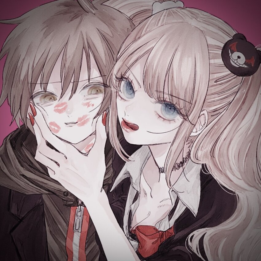 1boy, 1girl, :q, after_kiss, black_choker, black_shirt, blonde_hair, blue_eyes