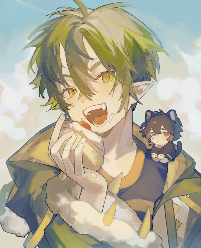 2boys, animal_ears, black_hair, black_shirt, cake, cat_boy, cat_ears, cat_tail