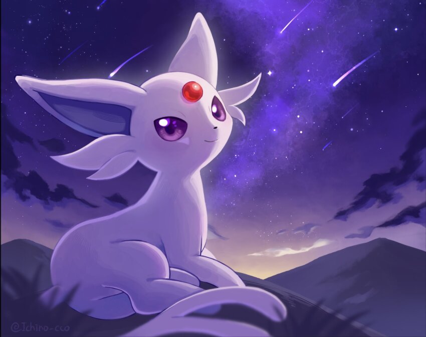 closed_mouth, cloud, commentary_request, espeon, forehead_jewel, gen_2_pokemon, hill, ichino_cco