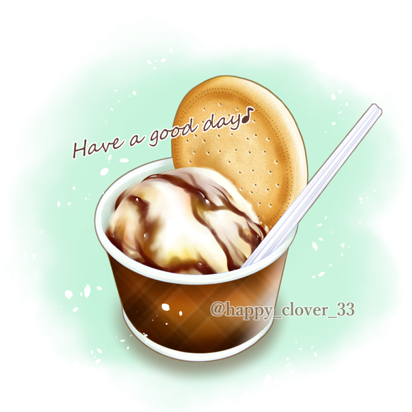 cookie, cup, disposable_cup, english_text, food, food_focus, happy_clover_3, highres, ice_cream, musical_note, no_humans, original, spoon, still_life, twitter_username