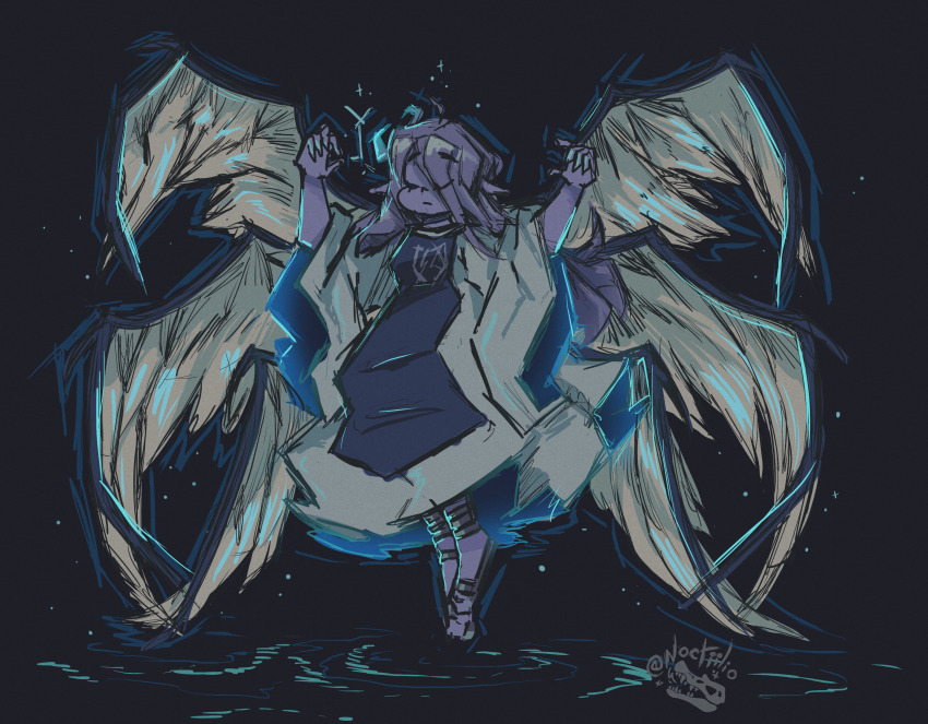 1other, absurdres, anklet, barefoot, blue_tabard, closed_eyes, colored_skin, dress