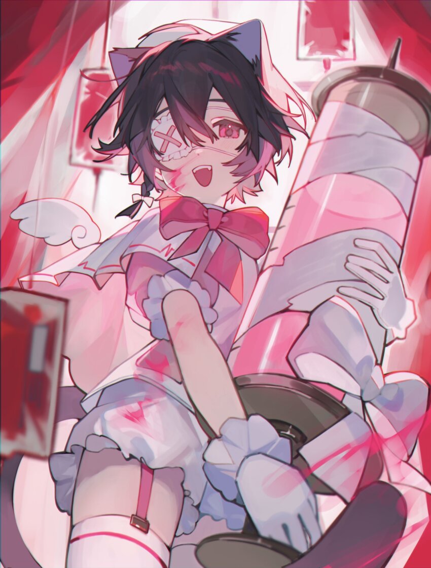 1boy, animal_ears, bandaged_object, black_hair, blood, blood_bag, blood_on_arm, blood_on_cheek