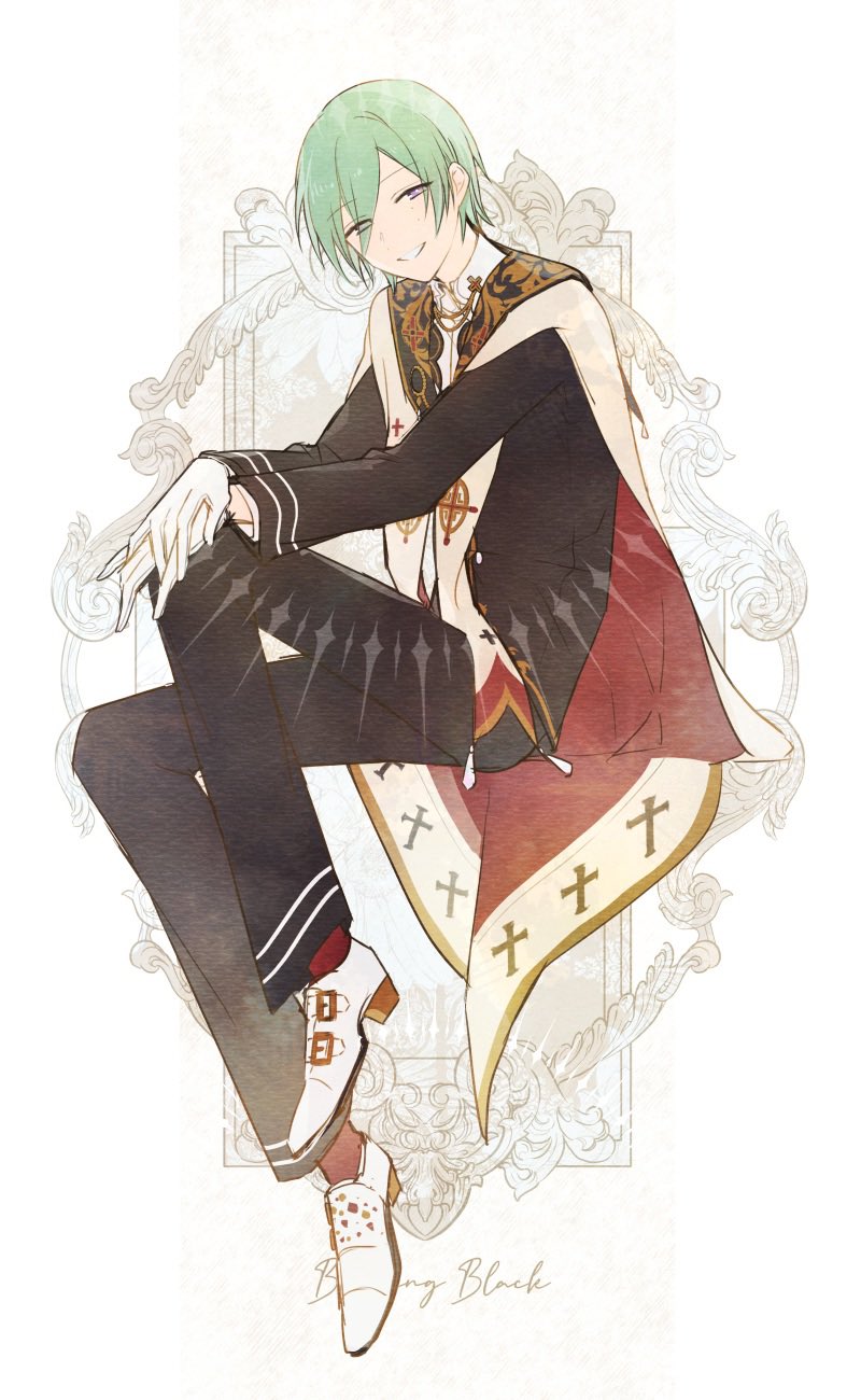 1boy, bishounen, black_jacket, black_pants, border, cape, double-parted_bangs, dress_shoes