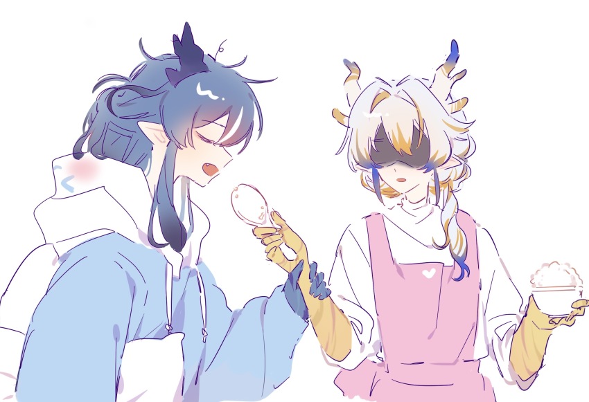 2girls, alternate_costume, apron, arknights, arm_grab, blonde_hair, blue_hair, chinese_commentary