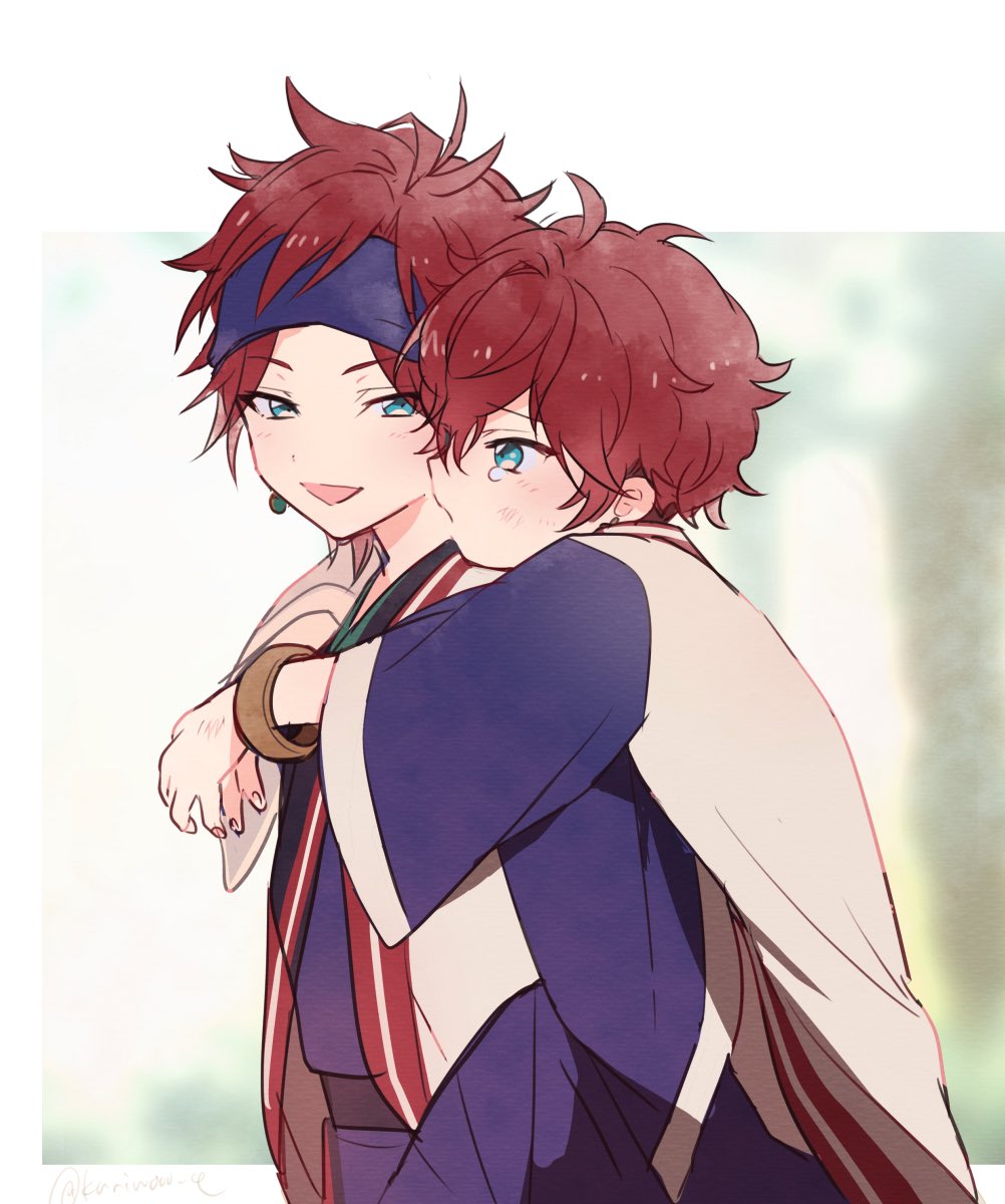 2boys, aged_down, amagi_hiiro, amagi_rinne, arms_around_neck, bangle, blurry, blurry_background