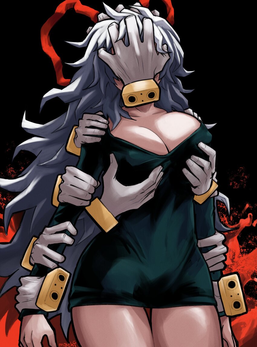 1girl, absurdres, boku_no_hero_academia, breasts, cleavage, commentary, covered_face, dress, genderswap, genderswap_(mtf), grabbing_another's_face, head_grab, highres, long_hair, machipachi1901, shigaraki_tomura, solo, tagme, thigh_gap, white_hair