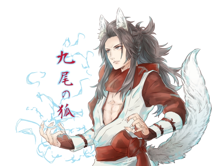 1boy, animal_ears, breasts, brown_hair, cleavage, cosplay, fire_emblem, fire_emblem_fates, fox_ears, fox_tail, hotate_rayan, japanese_clothes, kaden_(fire_emblem), kaden_(fire_emblem)_(cosplay), kitsune, long_hair, male_focus, nintendo, red_scarf, ryoma_(fire_emblem), scarf, solo, tail