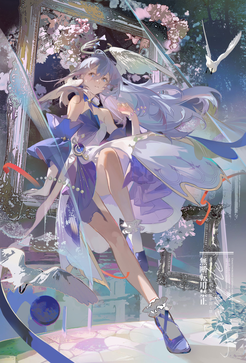 1girl, absurdres, bare_shoulders, bird, blue_eyes, blue_hair, cherry_blossoms, chinese_text, choker, detached_sleeves, dress, eyelashes, feathered_wings, floating_hair, flower, friday_xiao_xingxing, full_body, gem, hair_between_eyes, halo, head_wings, highres, honkai:_star_rail, honkai_(series), long_hair, looking_afar, musical_note, off-shoulder_dress, off_shoulder, parted_lips, pearl_(gemstone), picture_frame, pink_flower, purple_choker, purple_footwear, purple_sleeves, red_ribbon, ribbon, robin_(honkai:_star_rail), shadow, sidelocks, signature, socks, solo, two-tone_dress, white_bird, white_halo, white_socks, white_wings, wind, wings