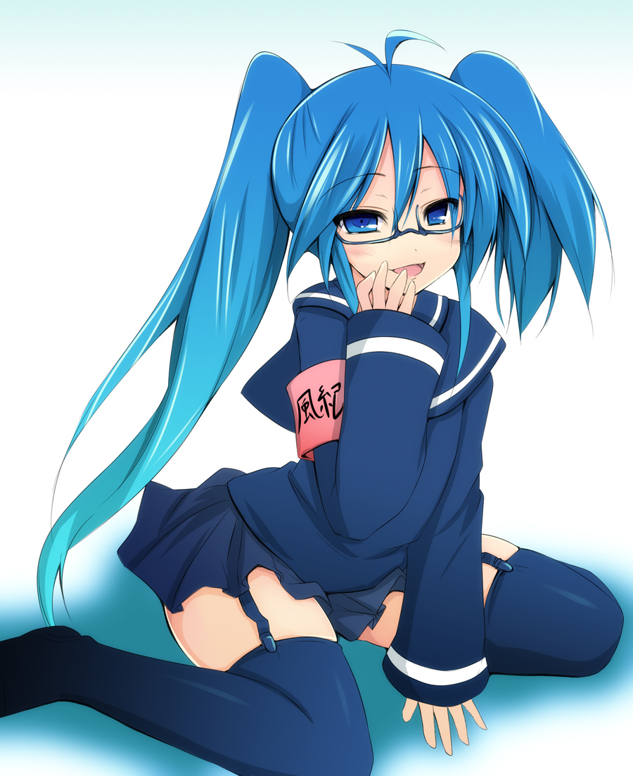 1girl, ahoge, armband, bad_id, bad_pixiv_id, bespectacled, blue_eyes, blue_hair, female_focus, garter_straps, glasses, gradient_hair, imaichi_moenai_ko, kobe_shimbun, kobe_shinbun, long_hair, long_sleeves, matching_hair/eyes, multicolored_hair, safety_pin, school_uniform, sen_(astronomy), skirt, sleeves_past_wrists, solo, thighhighs, twintails, uneven_twintails