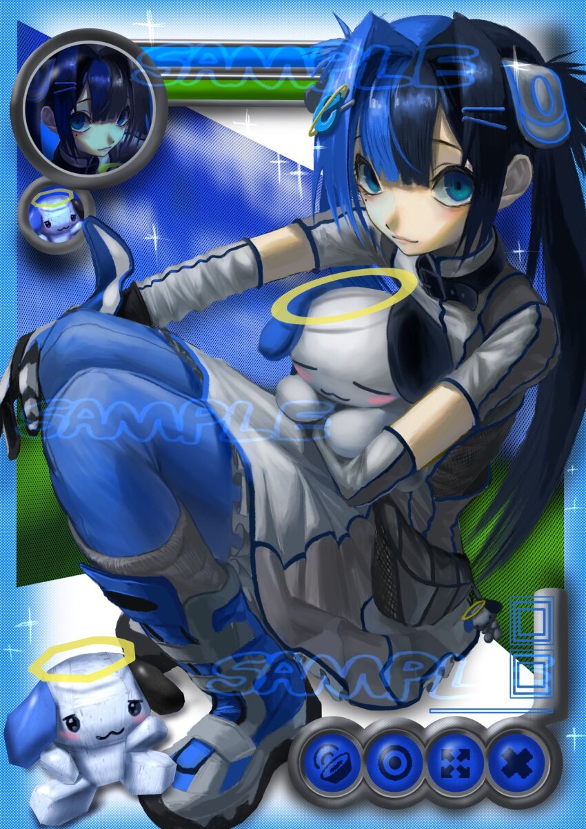 1girl, aegyo_sal, bliss_(image), blue_eyes, blue_trim, blunt_bangs, boots, collar