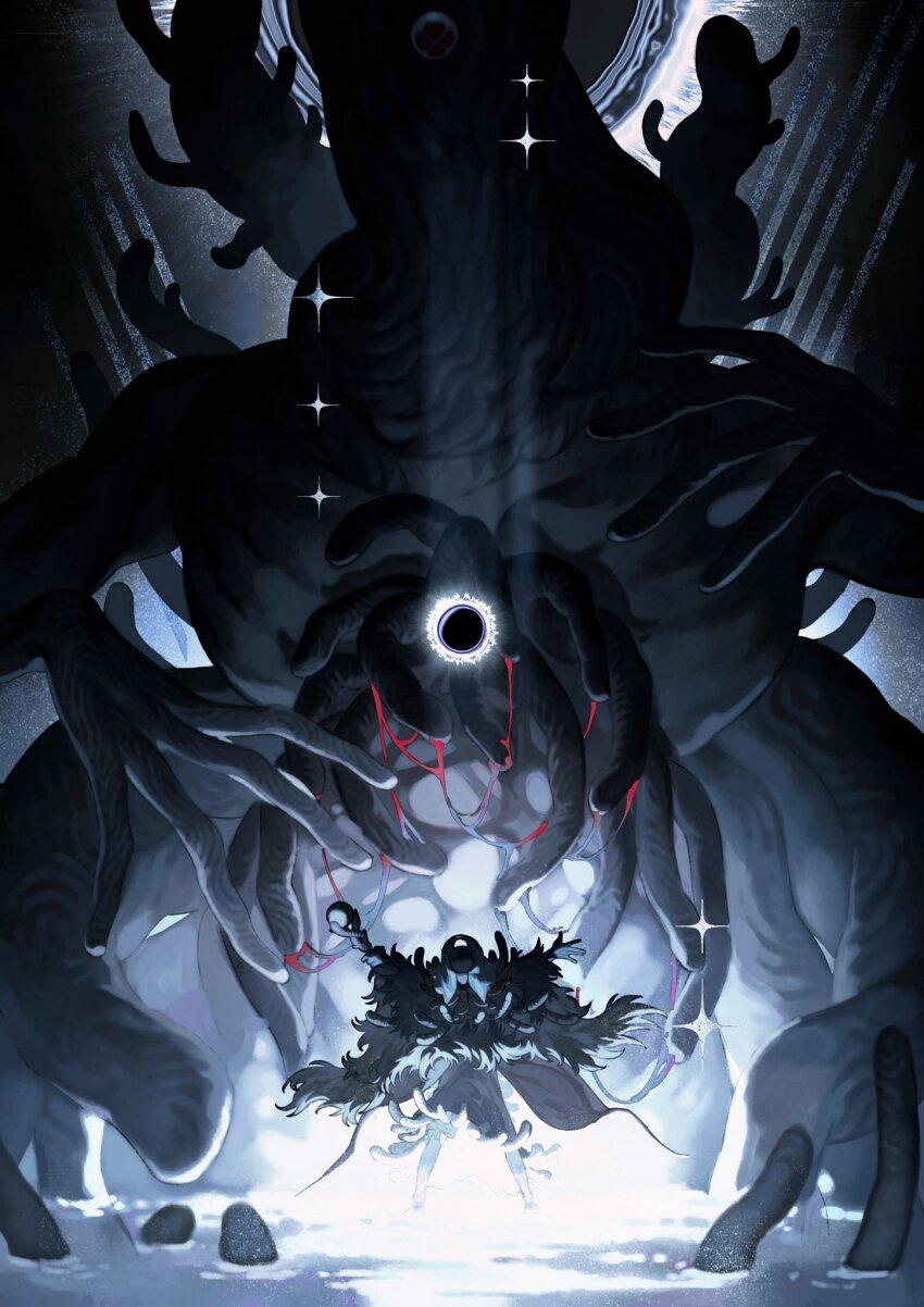 1boy, arms_up, black_background, black_robe, chinese_commentary, cloak, colored_skin, count_ymir