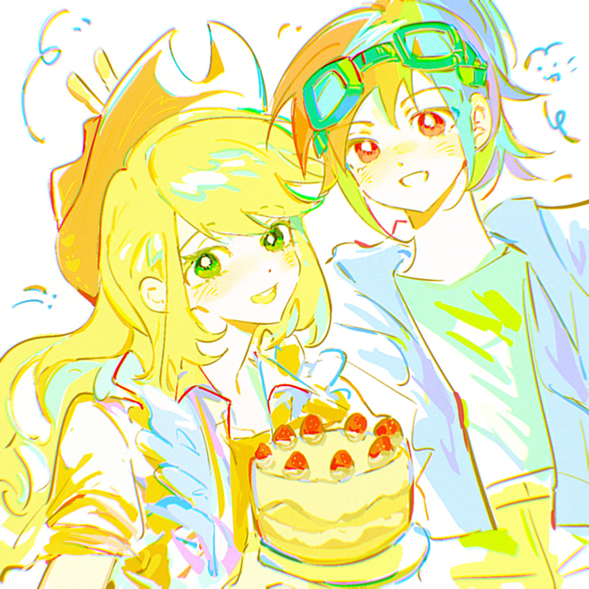 2girls, applejack, blonde_hair, bubutoday, cake, chinese_commentary, commentary_request, cowboy_hat, food, goggles, goggles_on_head, green_eyes, hat, highres, holding, holding_cake, holding_food, jacket, long_hair, looking_at_viewer, multicolored_hair, multiple_girls, my_little_pony, my_little_pony:_friendship_is_magic, open_clothes, open_jacket, open_mouth, personification, ponytail, rainbow_dash, rainbow_hair, red_eyes, shorts, smile, very_long_hair