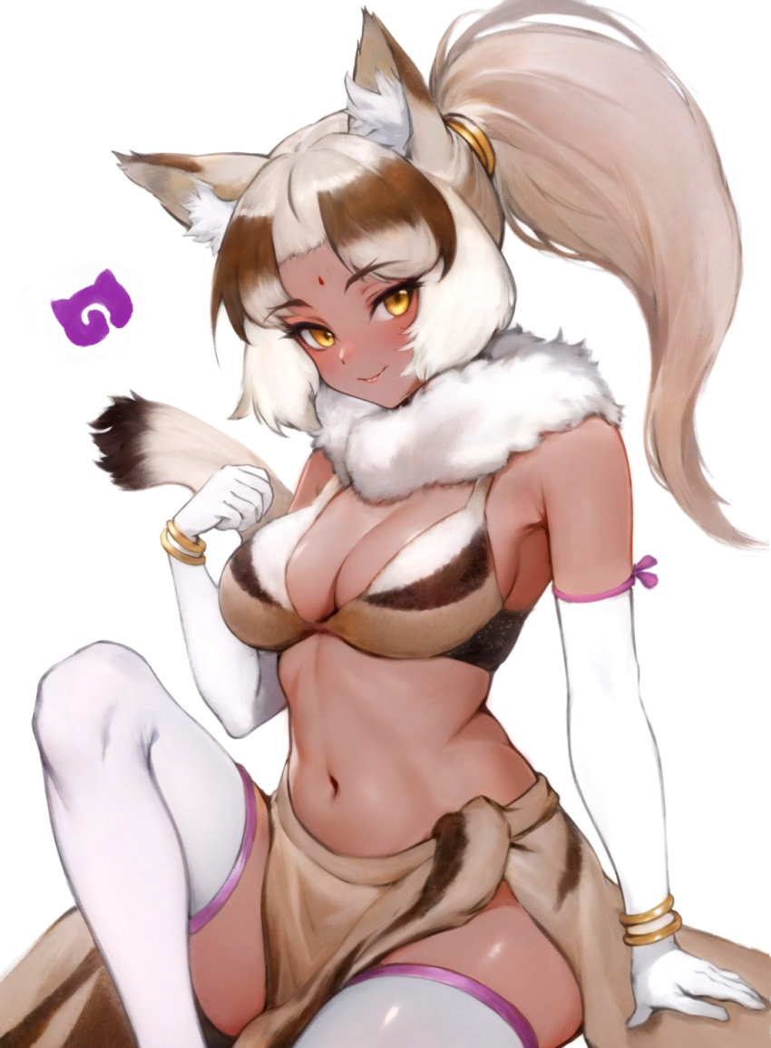1girl, animal_ears, bindi, blush, breasts, brown_hair, cleavage, closed_mouth, commentary, dark-skinned_female, dark_skin, elbow_gloves, fur_collar, gloves, high_ponytail, highres, indian_wolf_(kemono_friends), jack4l, japari_symbol, kemono_friends, kemono_friends_3, large_breasts, long_hair, looking_at_viewer, multicolored_hair, navel, ponytail, smile, solo, untranslatable_commentary, tail, thighhighs, white_hair, wolf_ears, wolf_girl, yellow_eyes
