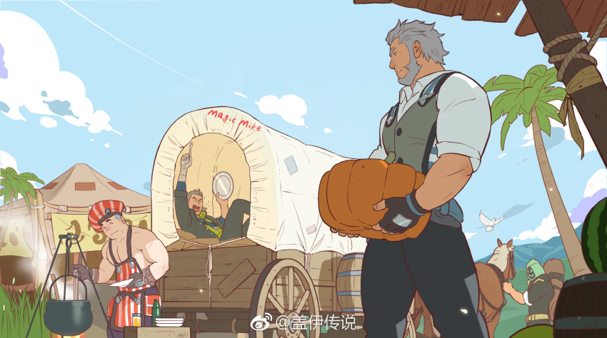 alternate_costume, apron, artist_request, bandaged_arm, bandages, beard, bird, blue_sky