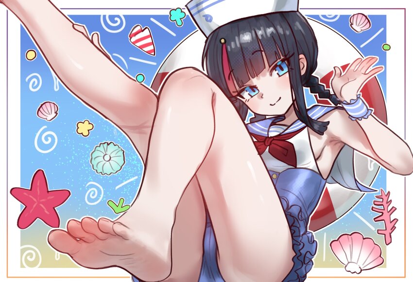 1girl, armpits, bare_legs, barefoot, black_hair, blue_eyes, blue_one-piece_swimsuit, blue_sailor_collar