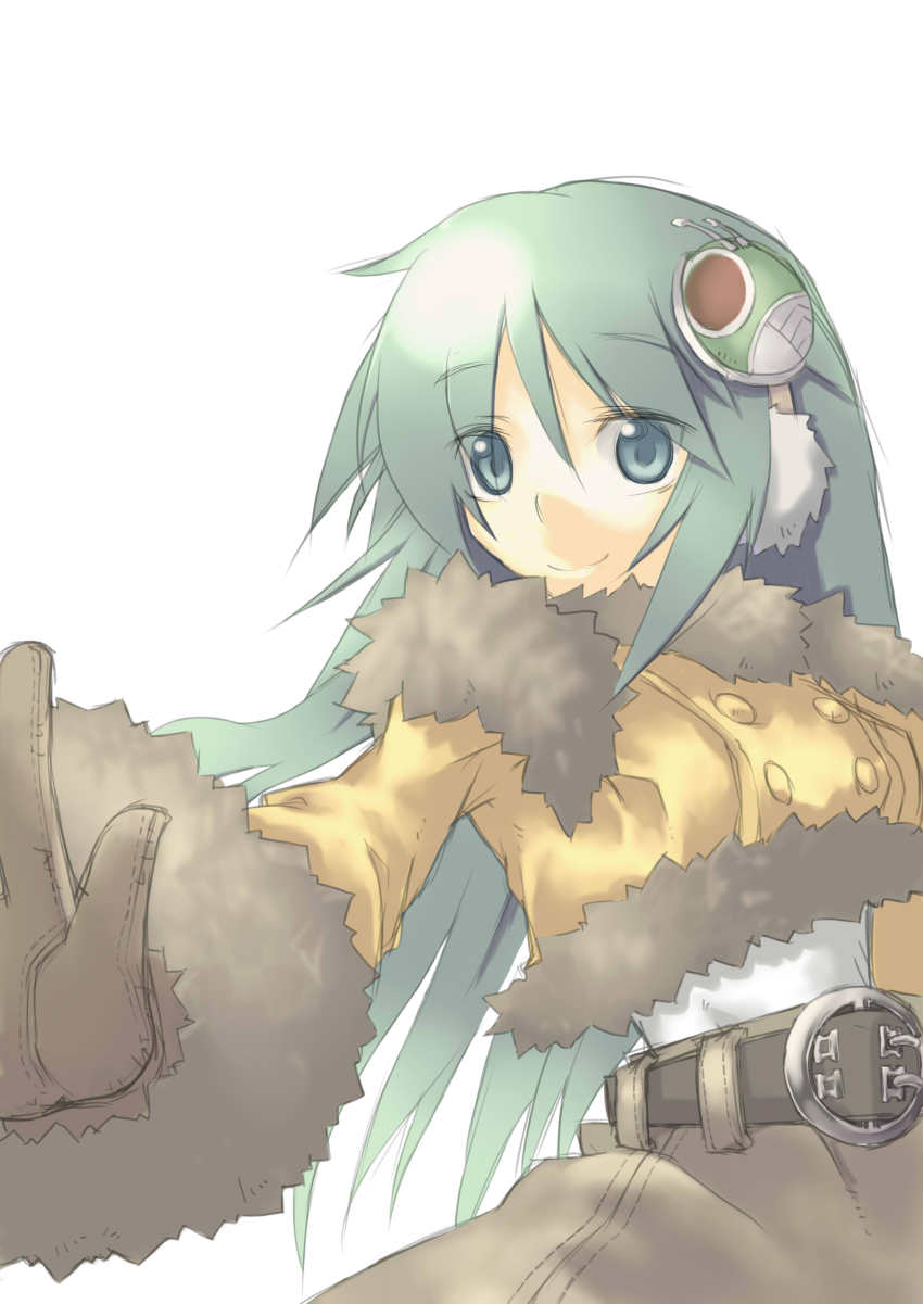 1girl, absurdres, belt, casual, female_focus, gloves, green_hair, hair_ornament