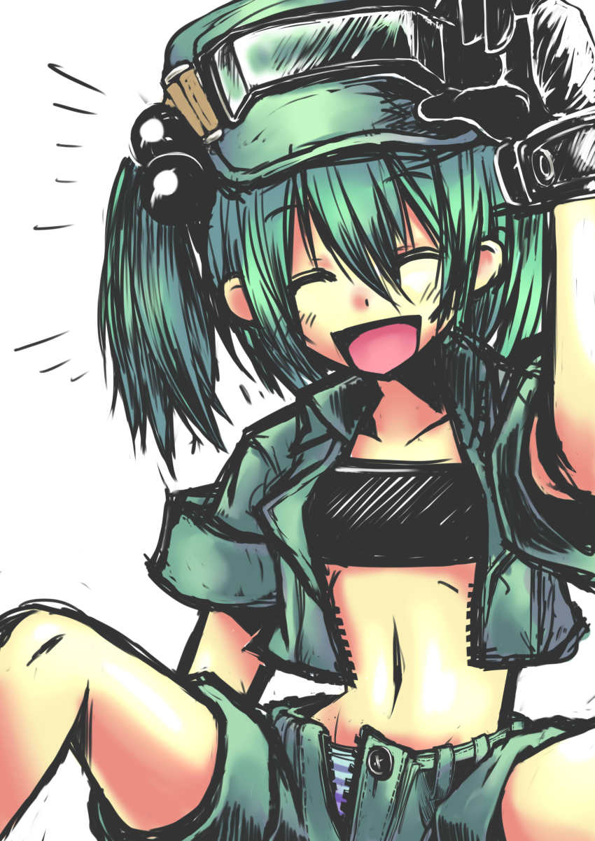 1girl, absurdres, casual, closed_eyes, contemporary, female_focus, gloves, goggles, hand_on_goggles, highres, jacket, kawashiro_nitori, midriff, navel, open_mouth, panties, pantyshot, shorts, sleeves_rolled_up, smile, solo, sports_bra, striped_clothes, striped_panties, syugo_kagami, touhou, two_side_up, unbuttoned, underwear, yugami_gooshu