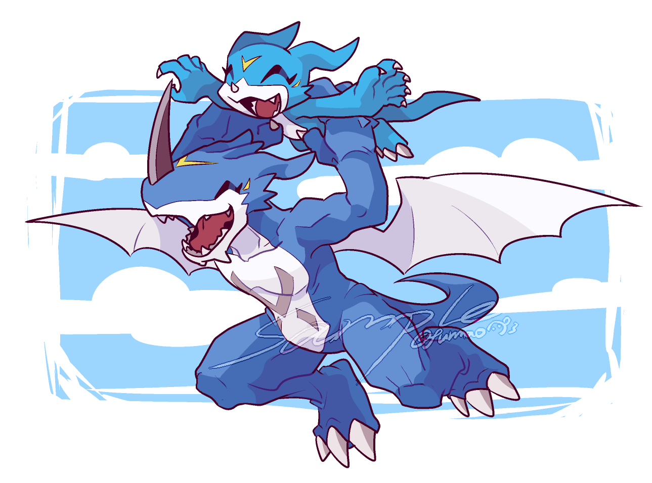 bakamaokun, blue_skin, border, carrying, closed_eyes, colored_skin, digimon, digimon_(creature)